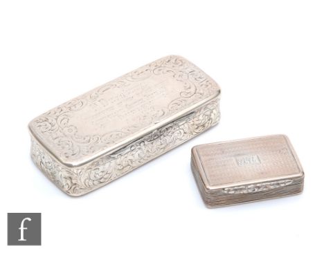 A Victorian silver snuff box of rectangular form by Nathaniel Mills, engraved with acanthus scrolls and flower heads and with
