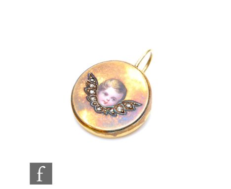 A 19th Century single earring with an enamel cherub's face above diamond set wings, weight 3.7g, diameter 18mm, unmarked, pro