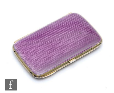 A continental silver cushioned rectangular cigarette case with purple enamel decoration to front and back, weight 90g, length