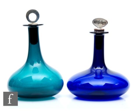 A Georgian Mell decanter circa 1830, of squat ovoid form with tall collar neck all in a Bristol blue ground, complete with a 