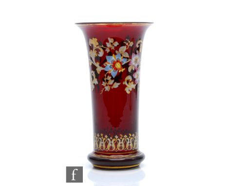 An early 20th Century Josephinehutte Bohemian glass vase, circa 1900, of flared cylinder form, with enamel and gilt floral an