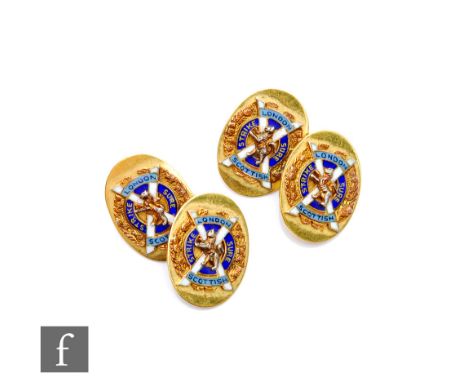 A pair of 9ct hallmarked oval chain linked cufflinks with London Scottish Strike Sure enamel to front, total weight 15g, Birm
