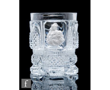 A mid 19th Century French pressed glass tumbler by Baccarat, the cylindrical body high relief moulded with arched panels of s
