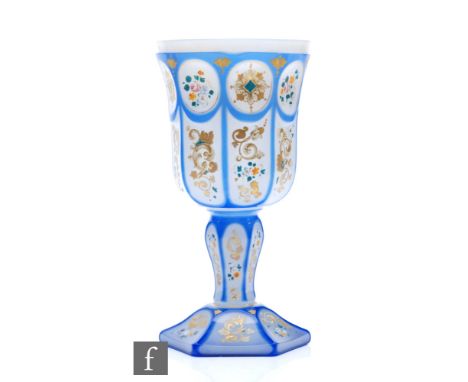 A large 19th Century Bohemian Biedermeier blue overlay alabaster goblet circa 1830, the ovoid bowl with octagonal panel facet