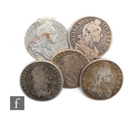 Five Charles II to William III crowns, 1663 first type, 1664 second type, 1695 x2 three over stamped initials, and 1696. (5) 