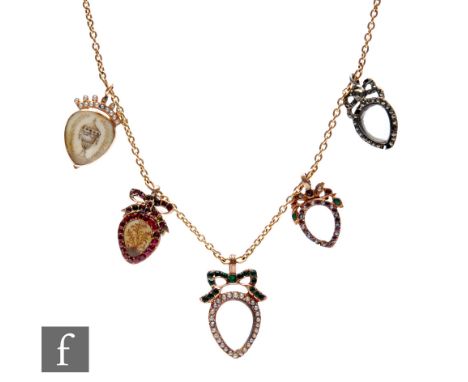 A 19th Century belcher link chain with five heart shaped, stone set open lockets attached, one with memorial motif and seed p