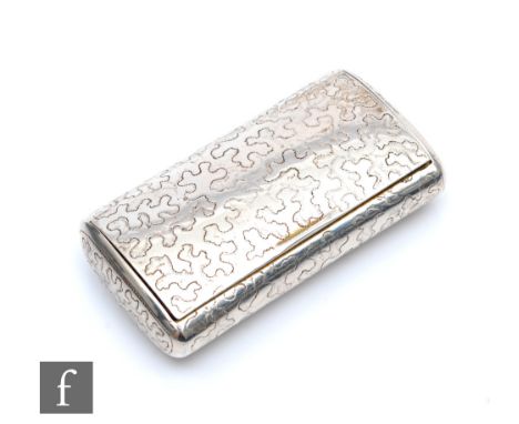 A George III hallmarked silver cushioned rectangular snuff box with seaweed engraved decoration to whole, weight 32g, length 