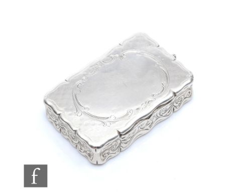 A Victorian hallmarked silver snuff box with engraved scroll decoration to the edge with a vacant cartouche to the cover, app