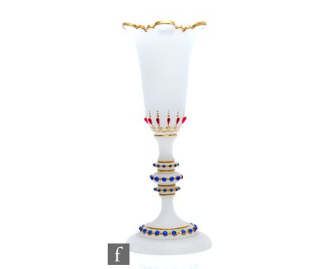 A large 19th Century Richardsons satin opal vase, the upper tulip form vase above a multi-knopped pedestal stem above a domed