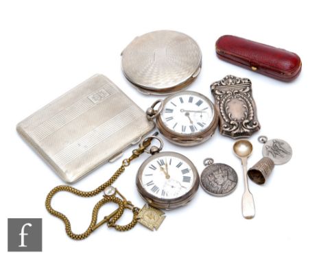 A small parcel lot of assorted items to include a silver cigarette case and compact, two silver open faced pocket watches thi