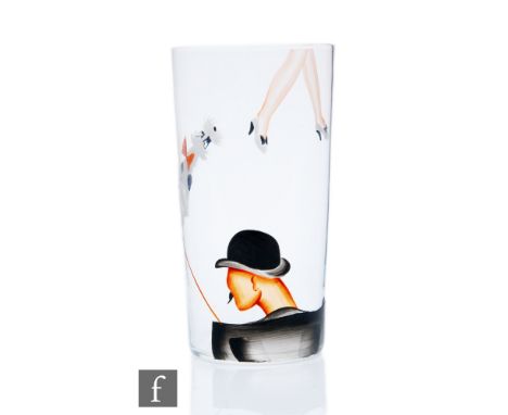 A 1930s Czech glass tumbler, of cylinder form with hand painted enamel decoration depicting a male figure wearing a bowler ha