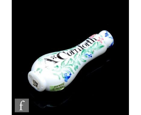 An opaque glass scent bottle circa 1775, enamel decorated with a blue butterfly above flowers and foliage in red, green and b