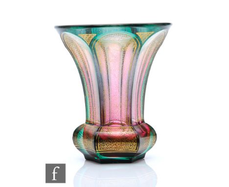 A 19th Century Bohemian Biedermeier goblet vase in the manner of Moser, the swollen hexagonal low shoulder rising to a flared