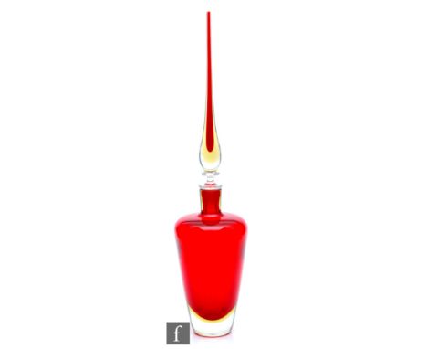 A large post war Italian Murano Sommerso glass bottle by Cenedese, the shouldered ovoid body cased in clear crystal over citr