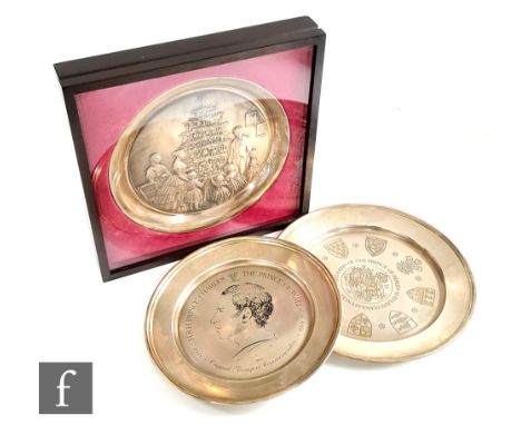 Three hallmarked silver commemorative plates to include The Victoria &amp; Albert Christmas Plate, The Wedding of Prince Char