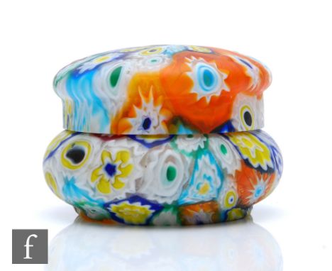 A late 19th Century Venetian Fratelli Toso lidded powder bowl&nbsp;formed of fused millefiori canes in opal, blue, orange, gr