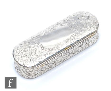 A Victorian hallmarked silver elongated cushioned rectangular snuff box decorated with foliate scroll around a vacant cartouc