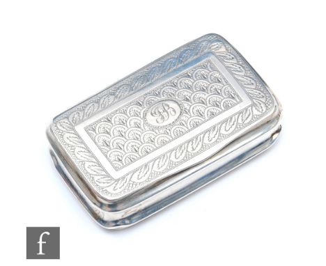 A George III hallmarked silver cushioned rectangular snuff box with bright cut foliate decoration to whole, weight 64g, lengt