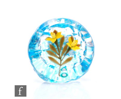 A contemporary William Manson glass paperweight, internally decorated with two lampwork daffodils over a mottled blue ground,