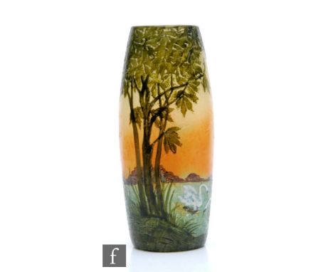 A large early 20th Century Legras cameo and enamel glass vase, circa 1910, of ovoid form, cased in olive green and acid cut t