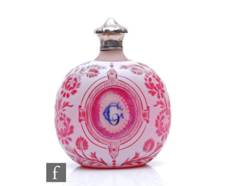 A late 19th Century Stourbridge cameo glass scent bottle blank of compressed ovoid form in opal over ruby, later intaglio cut