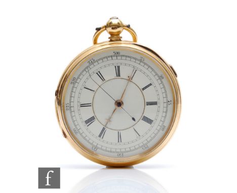 An 18ct hallmarked open faced chronograph pocket watch with Roman and Arabic numerals to a white enamelled dial, case diamete