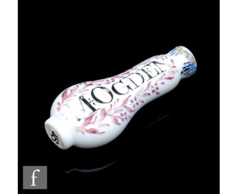 An opaque glass scent bottle circa 1775, enamel decorated with a blue butterfly above flowers and foliage in amethyst, green 
