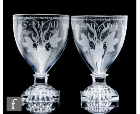 A pair of late Georgian marriage rummers circa 1810, each with an ovoid bowl above bladed knop, short capstan stem and square