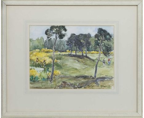 * JOHN MACLAUCHLAN MILNE RSA (SCOTTISH 1885 - 1957),A HIGHLAND GOLF COURSEwatercolour on paper, signed and dated '32, titled 