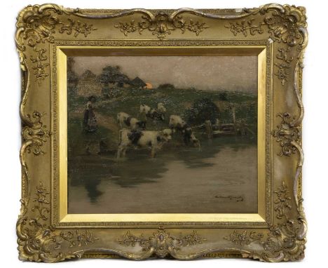 WILLIAM KENNEDY (SCOTTISH 1859 - 1918),CATTLE WATERING BY A RIVERSIDE AT DAWNoil on canvas, signed, titled label versoimage s