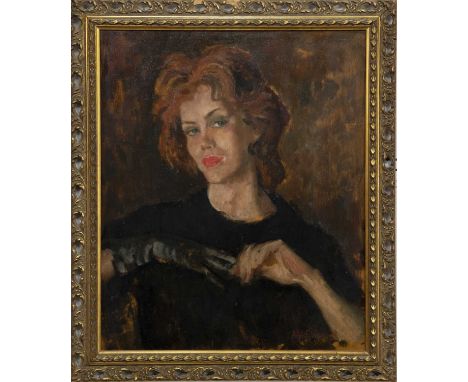 * ALAN SUTHERLAND (SCOTTISH 1931 - 2019), MUSE AND GLOVE oil on board, signed  image size 59cm x 49cm, overall size 71cm x 61