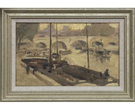 ALEXANDER JAMIESON ROI (SCOTTISH 1873 - 1937),ON THE SEINE PARIS, VIEW OF THE PONT NEUFoil on board, titled versoimage size 1