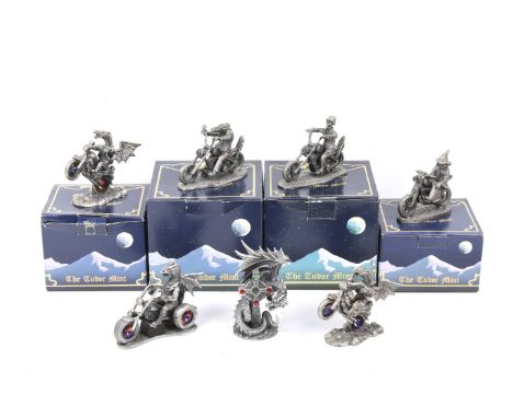 Seven Tudor Mint 'Myth and Magic' figures. Including 'Wheelie', 'Triking', etc, some in the original boxes