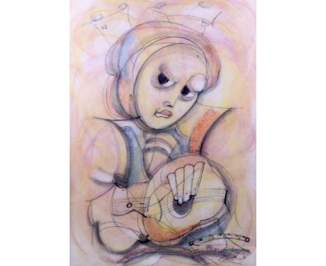 A contemporary pastel and charcoal sketch depicting a woman playing a banjo. Indistinct signature lower right, 62cm x 90cm, f