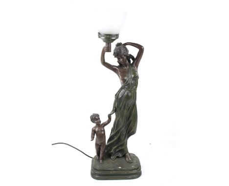 An Art Deco lamp featuring a woman & child. On a plinth base, Max. H77.5cm (including the shade) Being sold on behalf of Age 