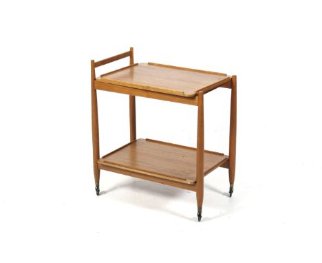 A White & Newton mid-century drinks trolley in the style of Ercol. With lift-off tray top. L65cm x D43cm x H76cm