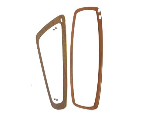 Two mid-century wall mirrors mounted on wood. One of asymmetrical form, L66cm, the other of rounded rectangular form, L73cm C