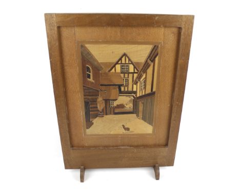 A handmade marquetry firescreen. Depicting a courtyard scene with a dog. 44cm x 61cm
