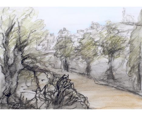 Costas Andrew Mikellides (1938-2019) msia, fcsd, pencil, charcoal, pastel and watercolour, 'Landscape village/ church'. Label