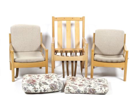 A set of three mid-century Ercol open armchairs. All with cushioned seats, L60cm x D68cm x H69cm