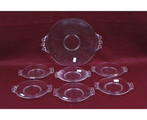 Art Deco clear glass dessert service. Comprising a large serving dish, diameter 29cm, and six plates Condition Report: Charmi