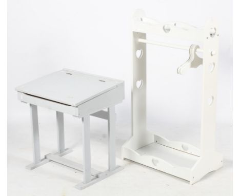 A child's 'school' desk and a hanging clothes rail. The desk painted light blue, with a hinged top, H65cm x W58cm x D47cm, th