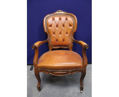 Victorian style button back armchair inscribed "In memory of Keith Cousins, Secretary, 1978-1979".