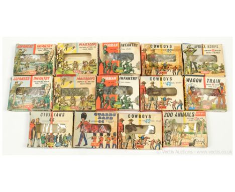 Airfix HO/OO Scale Figures, First Issue Sets - Type 1 [1959 -1965] boxes, comprising: S1 - Guards Band [1959], 2 x S5 - Germa