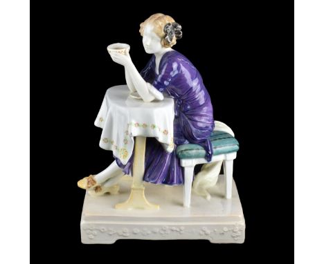 Antique Goldscheider Art Deco Porcelain Figurine. Marked on bottom side, title on obverse side. Measures 11" H x 5-1/4" W x 8