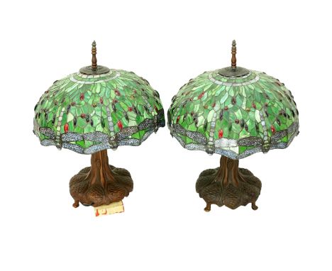 Pair of Tiffany Style Leaded Glass Dragonfly Lamps. Each shades with numerous dragonflies and cabochon jewels. Measures 30-1/
