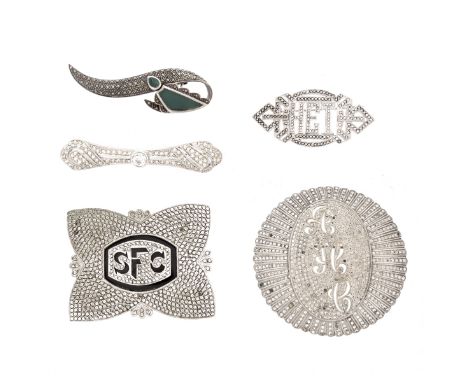 Five Vintage Marcasite Brooches. Three with monograms are stamped sterling. Two remaining are white metal, one with green ena