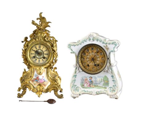 Grouping of Two (2) Antique Clocks. Includes a Sevres style gilt metal clock with portrait on porcelain marked "B&amp;G" on t