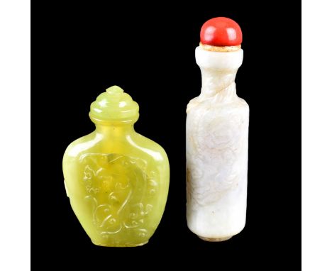 Grouping of Two (2) 19th Century Chinese Carved Jade Snuff Bottles. Consists of a pale celadon jade bottle along with green j