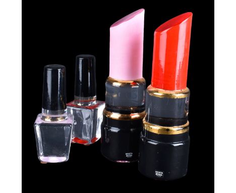 Four (4) PC Kosta Boda Art Glass Make Up Lot. Includes pink lipstick, red lipstick, pink nail polish, red nail polish. Signed